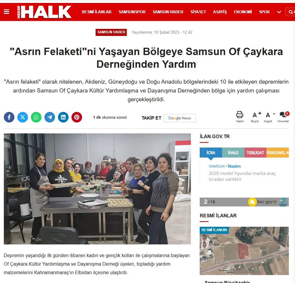 OF ÇAYKARA DERNEĞİNDEN ASRIN FELAKETİNE YARDIM
